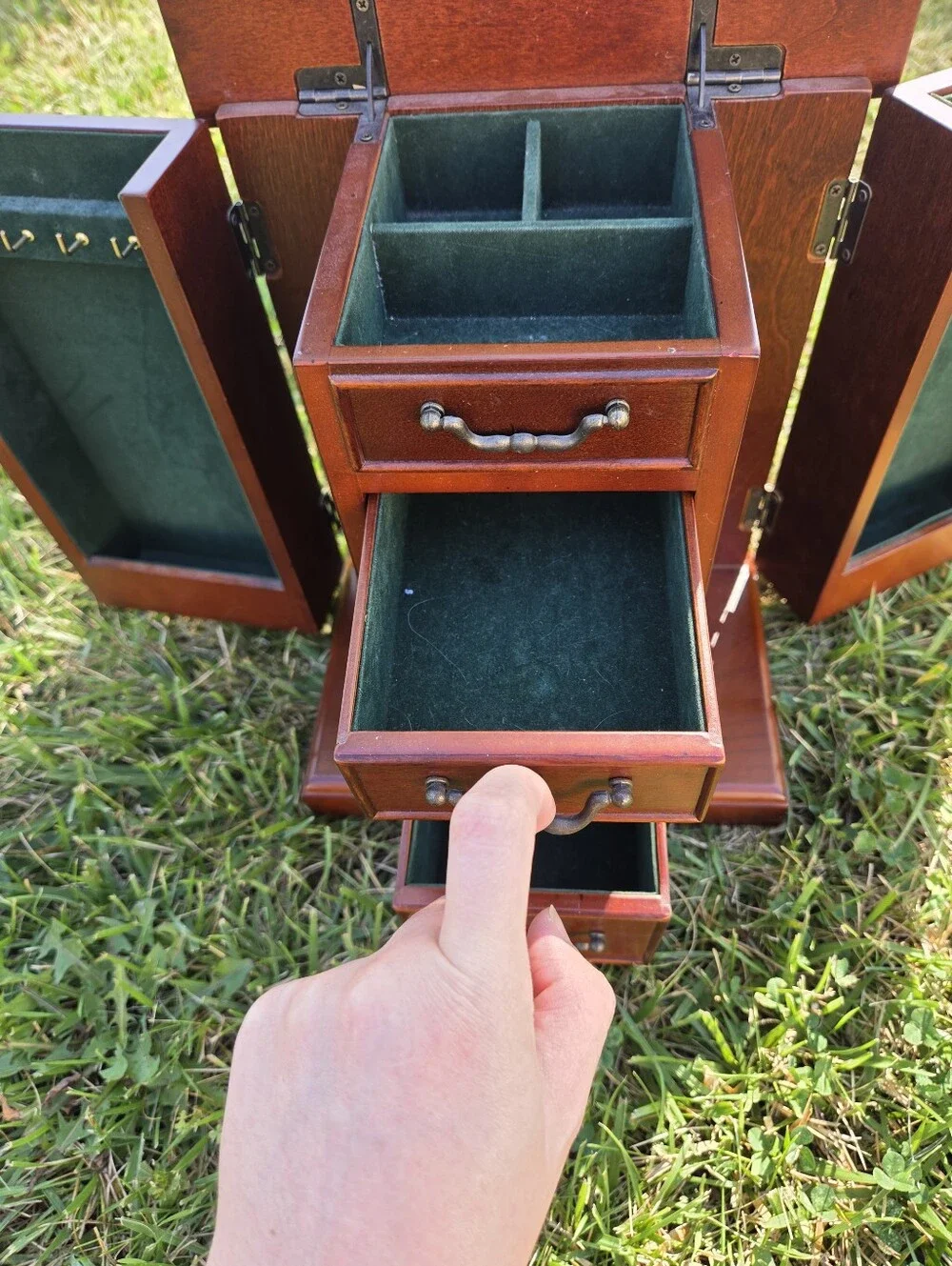 Vintage 1987 The Bombay Company Wooden Jewelry Armoire Box | Green Velvet Lined